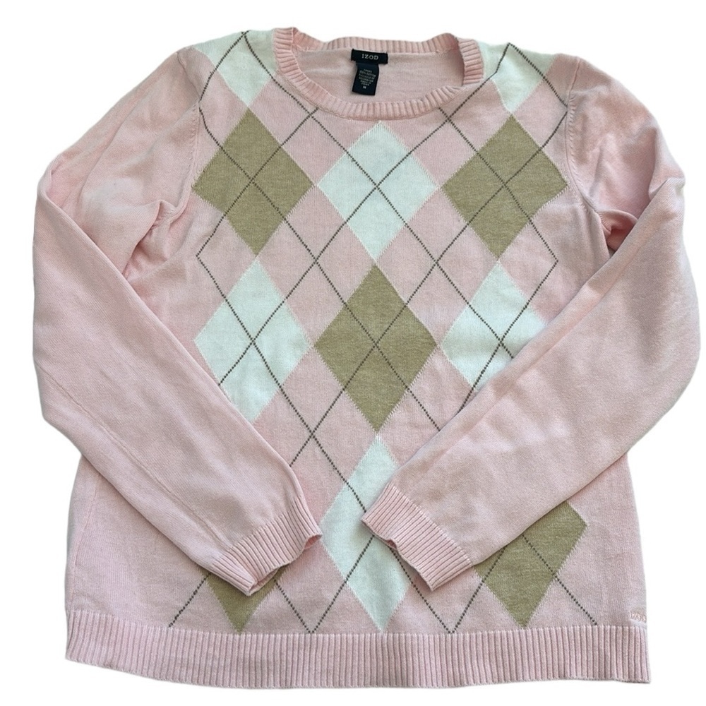 Izod Pink and Tan Argyle Crewneck Sweater Size Medium - Picture 7 of 11